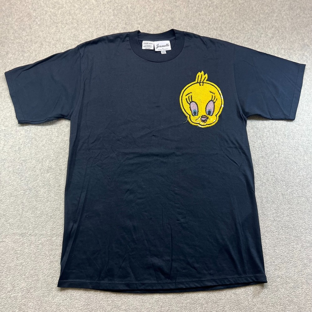 Jeanette Mens Tweety Bird Graphic T-Shirt Black Short Sleeve Sequins Detail L